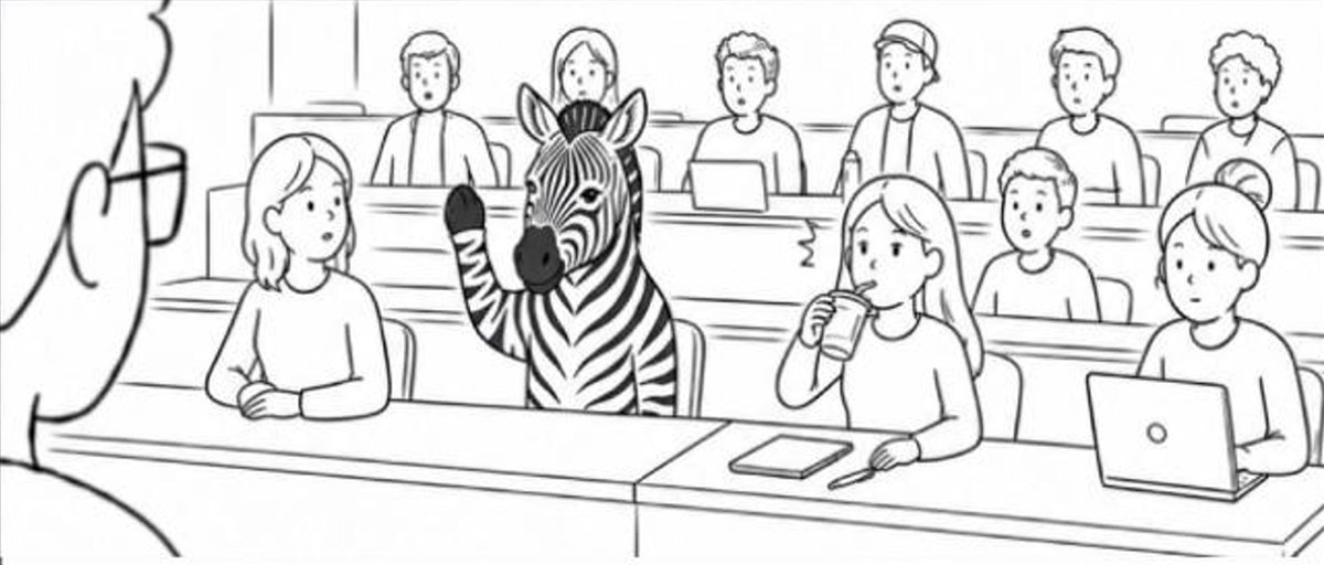The zebra in class, raising its hand.