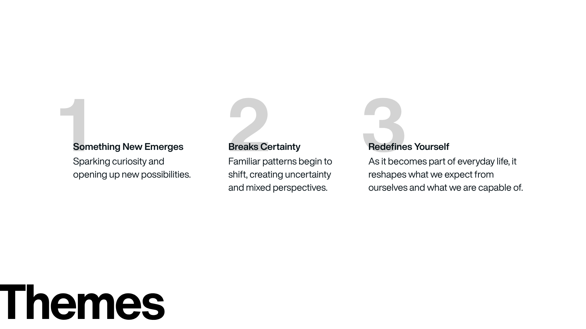 Themes: 1 Something New Emerges, 2 Breaks Certainty, 3 Redefines Yourself.